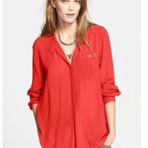 Free People Red Long Sleeved Button Down Oversize Tunic